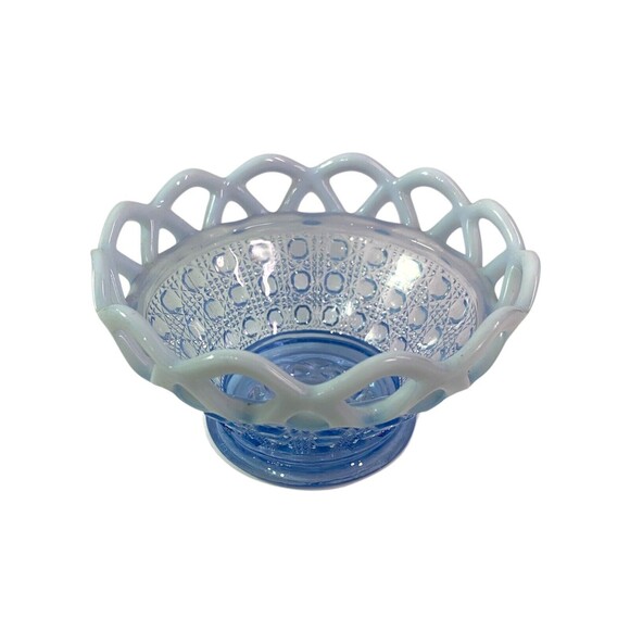VTG Imperial Glass Basket Bowl Lacy Edge Blue Opalescent Trim Dish 1930's MCM - Picture 2 of 16